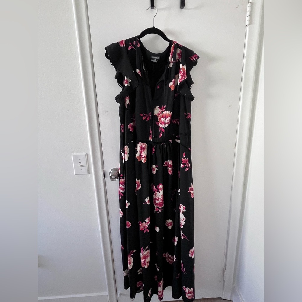 City Chic long cap sleeve dress with floral pattern